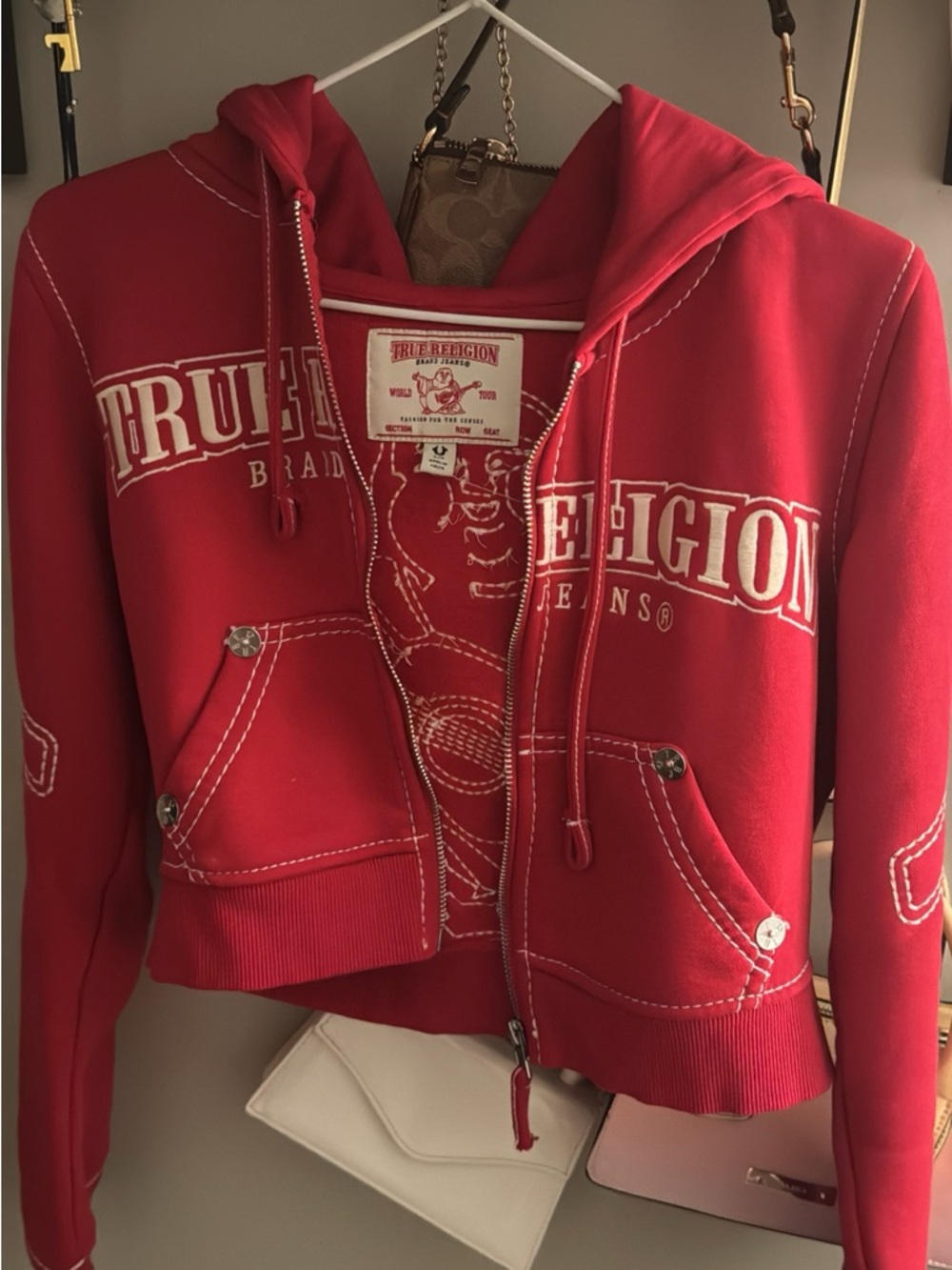 True Religion Red Hooded Zip-Up Bomber Jacket